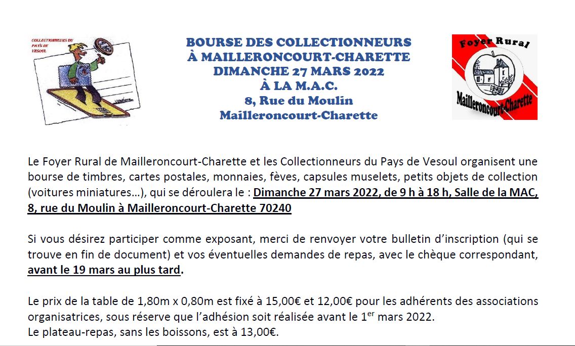 BOURSE DES COLLECTIONNEURS À MAILLERONCOURT CHARETTE DIMANCHE 27 MARS 2022